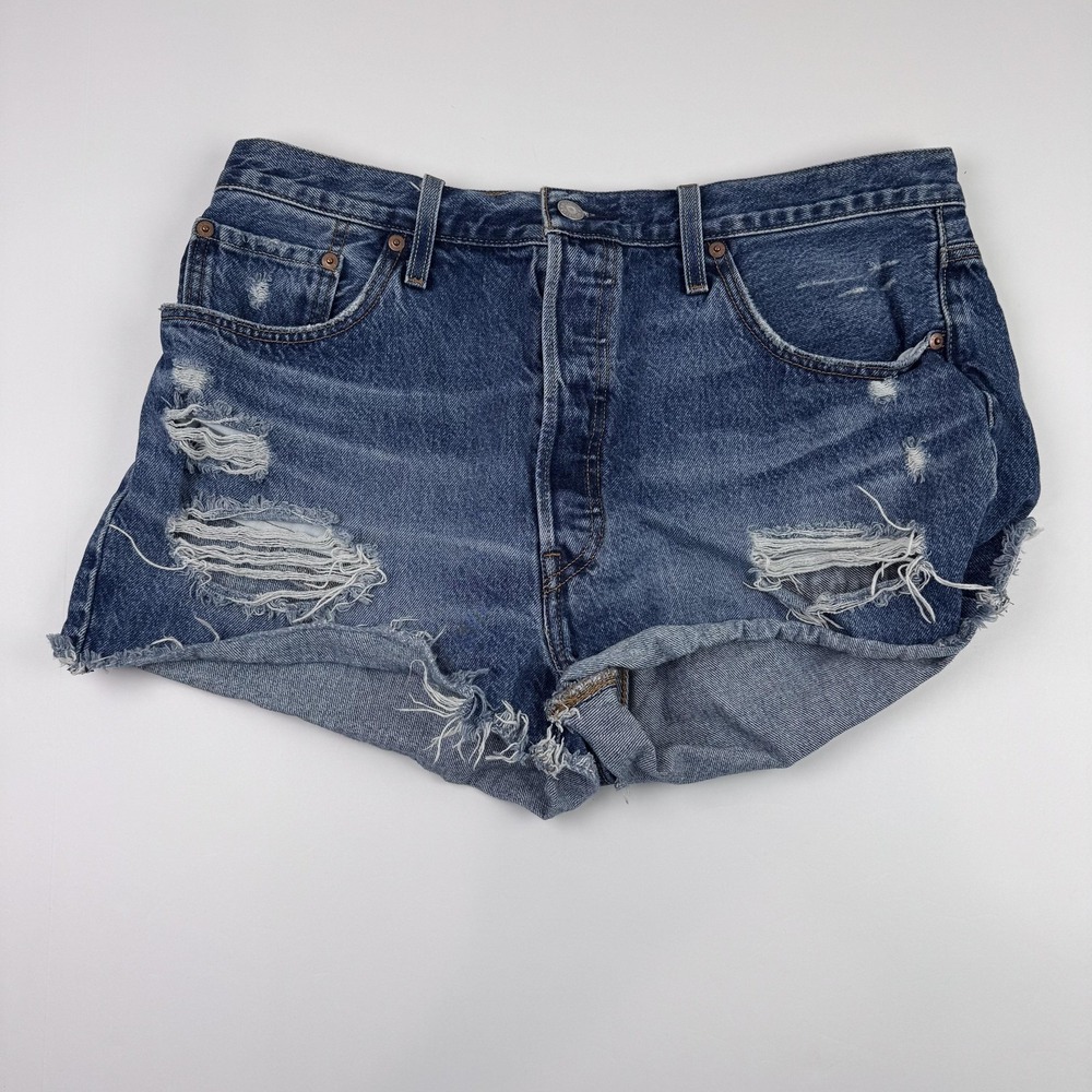 Levis 501 Shorts Womens 34x2 Blue Distressed Denim Cutoff Frayed Hem Button Fly